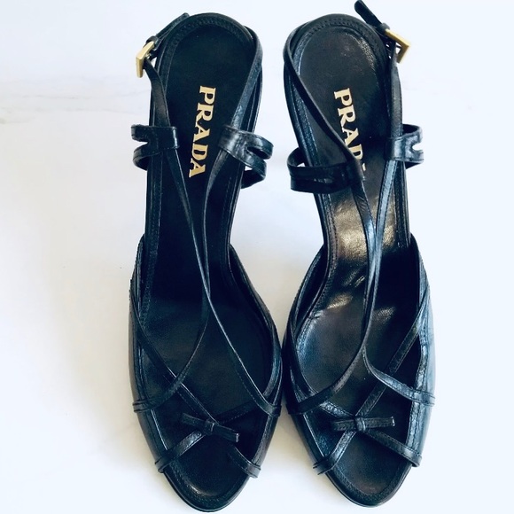 PRADA sz 39 Black Leather Strappy Slingback Heels - Picture 1 of 7